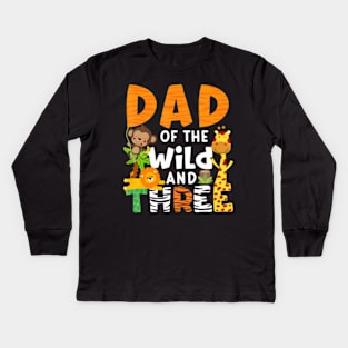 Dad Of The Wild and 3 Three Jungle Zoo Theme Birthday Safari Kids Long Sleeve T-Shirt